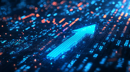 Blue arrow up and down icon with digital background, business growth concept, stock market or online trading illustration