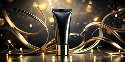 Luxury Black Cosmetic Tube Mockup: Golden Swirls & Bokeh Lights - High-Resolution Product Packaging Design
