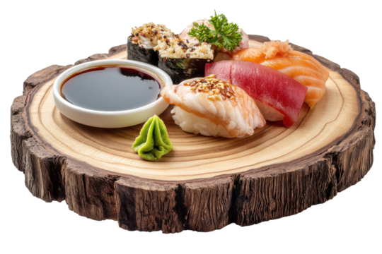 Assorted sushi platter isolated on transparent png background - Powered by Adobe