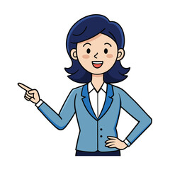 Business woman pointing finger at something. Happy face. Hand drawn style vector design illustrations. 