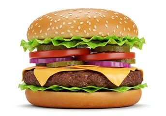 A close up shot of a delicious burger with sesame seeds on a white background in studio lighting