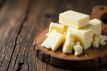 Sharp white cheese chunks, rustic wooden board, creamy, parmesan