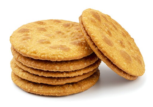 A stack of golden brown fried mathri snacks with one leaning against it on a white background