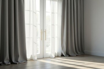 Subtle gray linen curtains, soft light filtering through , gray, clean, calm