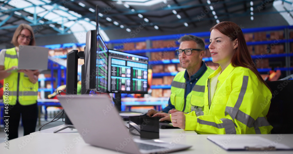 Poster Warehouse Manager Entering Inventory Data On Computer In Office Setting