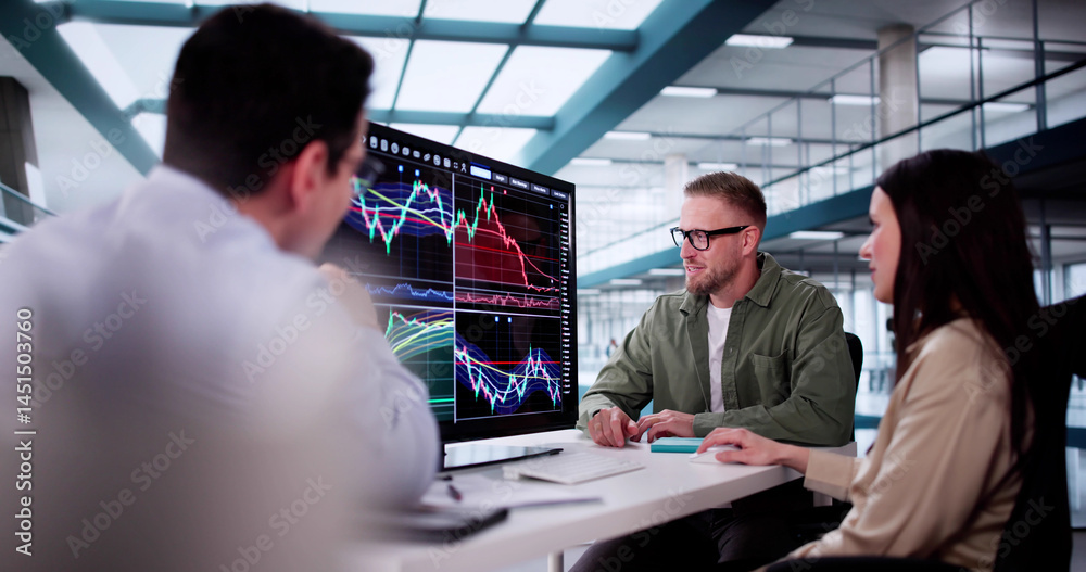 Poster financial analysts analyzing stock charts on computer screens