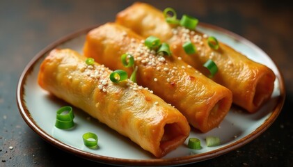 Crispy spring rolls, sesame seeds, scallions, sweet and sour sauce, chinese food, appetizer