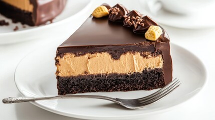 Homemade chocolate peanut butter cake with soft texture, fork resting near, natural ambiance