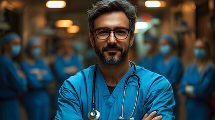 Fototapeta premium Determined surgeon oversees hospital team