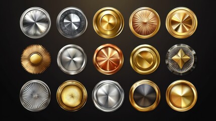 Gold silver bronze medals. Champion winner award metal medal. Honor badges realistic isolated vector set illustration