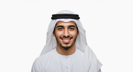 A smiling man in traditional arab emirates clothing against a white background in a studio shot