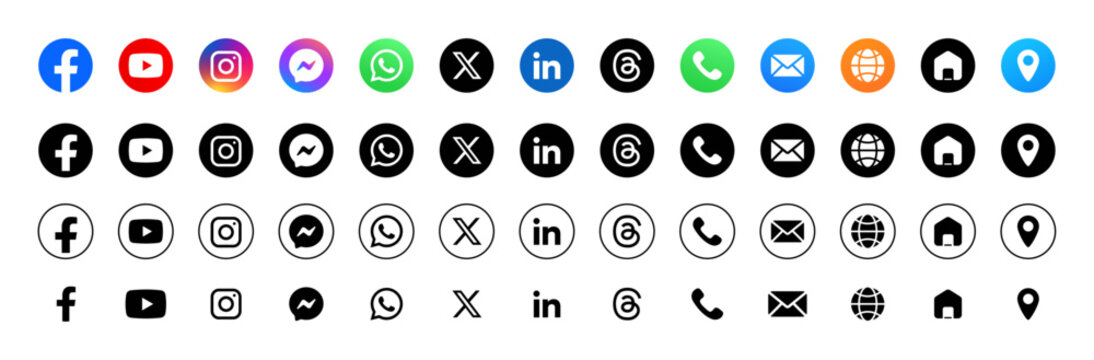 New 2025 popular social media logo icons set: Facebook, YouTube, Instagram, LinkedIn, Messenger, WhatsApp, Threads, X, phone, call, email, home, location.