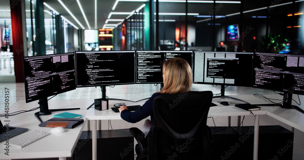 Poster Stressed Female Programmer Struggles To Code Software