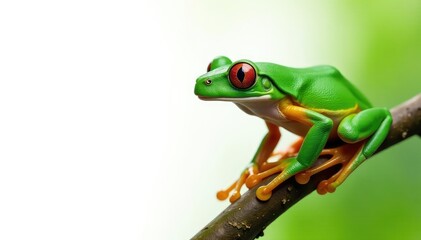 Obraz premium Green tree frog perched on white, vibrant color , exotic, closeup, studio