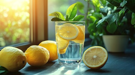 A glass of lemon water with lemon slices and whole lemons on a table near a window and a plant pot