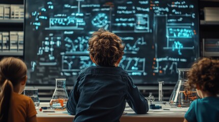 Young students observing complex scientific data on a large screen.