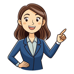 Business woman pointing finger at something. Happy face. Hand drawn style vector design illustrations. 
