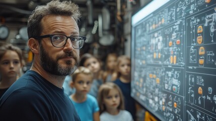A focused teacher with young students in a technology classroom.