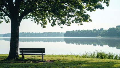 Obraz premium Tranquil landscape scene with one bench beneath a tree, evoking solitude and quiet reflection