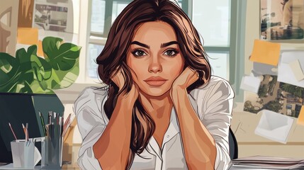 Successful business woman working at the office looking at camera illustration