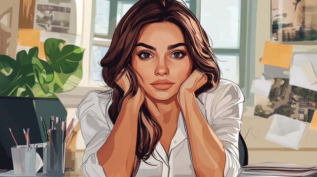 Successful business woman working at the office looking at camera illustration
