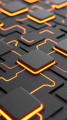Abstract Glowing Circuit Board Orange Lines and Gray Squares 3D Render