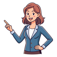 Business woman pointing finger at something. Happy face. Hand drawn style vector design illustrations. 