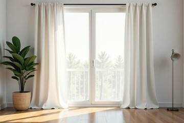 Simple white linen curtains, bright studio setting, seamless, home decor