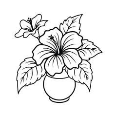 hibiscus flower with leaves in black and white line art