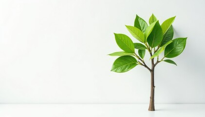 Fototapeta premium Single young tree, delicate leaves, white backdrop, studio, tender, life