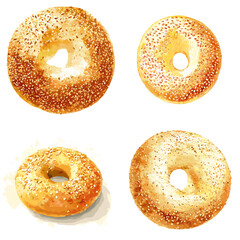 Golden sesame bagels in a hand-drawn watercolor set, isolated on white, great for bakery menus, breakfast promotions, or food product illustrations.

