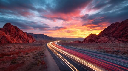 Majestic Sunset Highway: Red Rock Canyon's Fiery Landscape