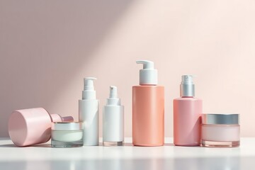 Various cosmetic containers on pristine white, set, palette, foundation