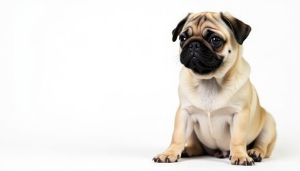 Obraz premium Adorable pug dog sits against white background, happy dog, companion animal
