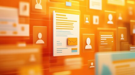 Different big icons of internet services and resume forms with blurry orange background, head hunting concept, 3d rendering illustration