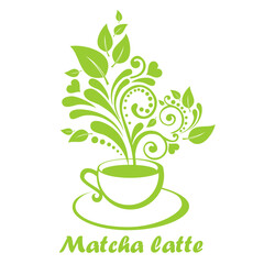 Cup of matcha latte  isolated on white background. Restaurant menu.  Vector illustration.