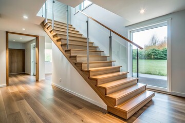 Fototapeta premium Minimalist Modern Wooden Staircase Interior Design - Contemporary Home Architecture Photography