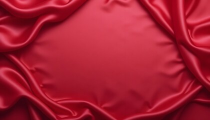 Beautiful red silk satin background. Soft folds on shiny fabric. Luxury background with copy space for text, design. Wide banner. Flat lay, top view. Birthday, Christmas, Valentine.