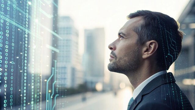 A futuristic double exposure of a businessman’s face overlaid with flowing binary code, stock market graphs, and digital circuits, symbolizing the connection between technology - Powered by Adobe