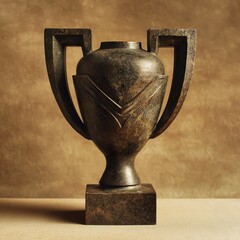 Artistic trophy with unique design, textured surface, warm background.