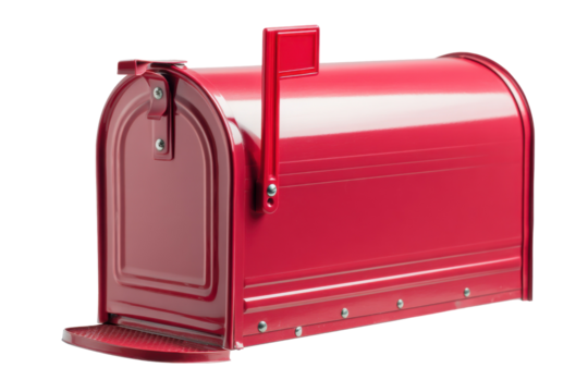 Red mailbox, flag up isolated on transparent png background