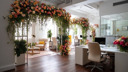 Bright office interior with floral decorations and modern workspaces.