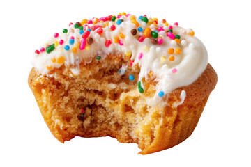 Sprinkled cupcake, bitten isolated on transparent png background