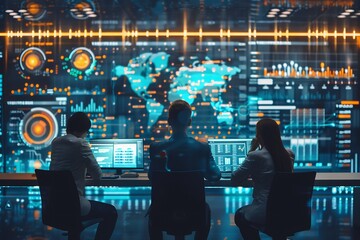 Obraz premium Contemporary corporate workspace illustrating a digital customer engagement optimization seminar with high tech visuals and focused professionals Engaging modern analytical