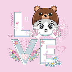 Text love and cute cat in bear hat.