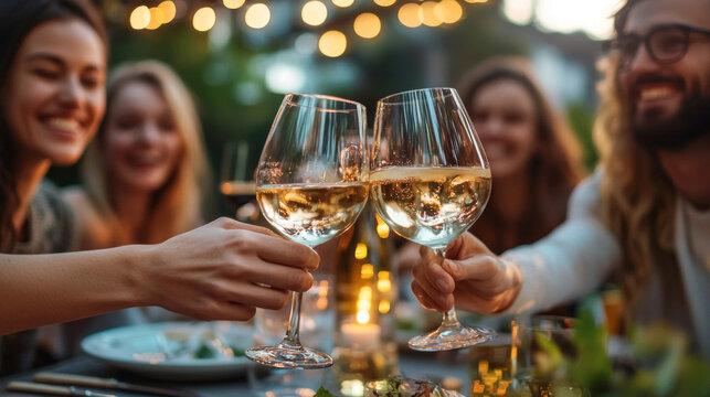 group of friends toasting with white wine on an outdoor table at the dining area in their garden, laughing and enjoying each other's company during the summer time - Powered by Adobe