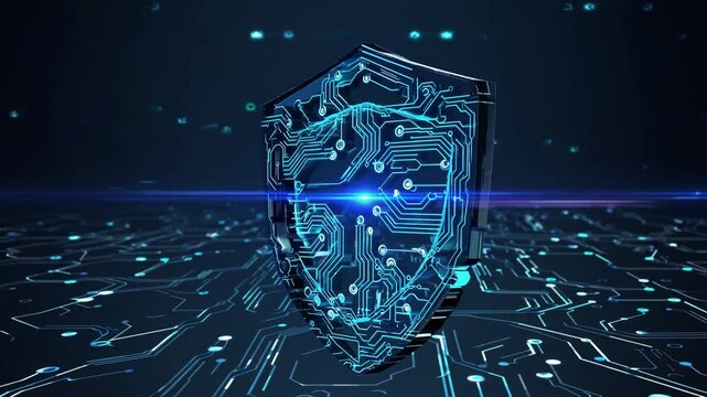 A futuristic digital shield symbolizing cybersecurity