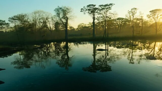 Fly-through, high speed fpv video over a misty swamp at dawn, ambient light, cypress trees draped in spanish moss, alligators lurking below