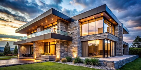 Fototapeta premium Modern Stone House Facade Design: Architectural Photography, Exterior Home, Contemporary Stone Walls