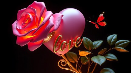 Romantic still life featuring a radiant rose, heart shaped balloon, and butterfly